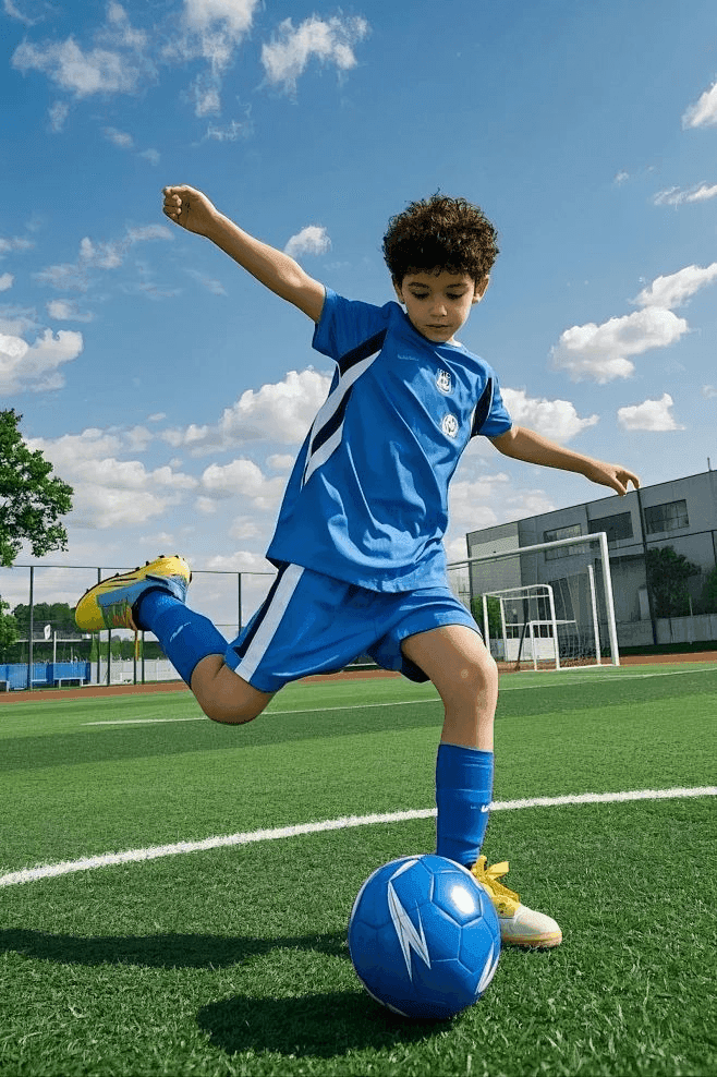 Junior football academy player training with soccer ball outdoors