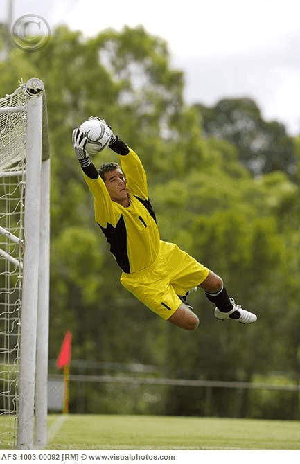 Goalkeeper in yellow jersey diving to catch soccer ball in front of net